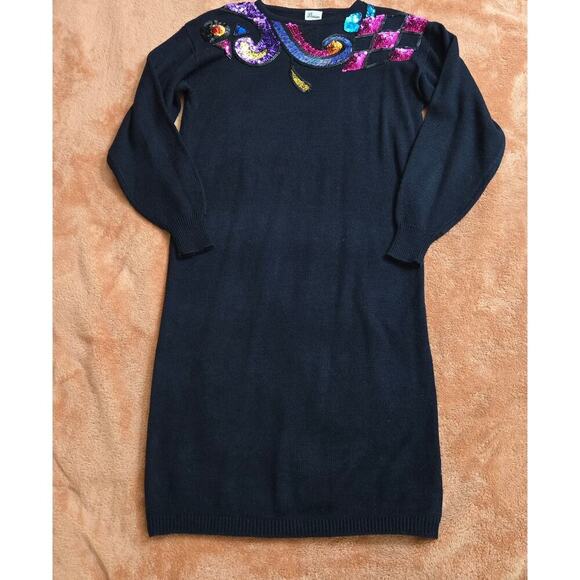 Darian Vintage 80s Black Knit Sequin Embellished Sweater Dress Sz M Avante Garde - Picture 6 of 12